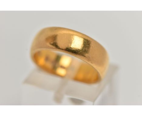 A 22CT GOLD WIDE POLISHED BAND RING, approximate band width 5.9mm, hallmarked 22ct Birmingham, ring size leading edge I, appr