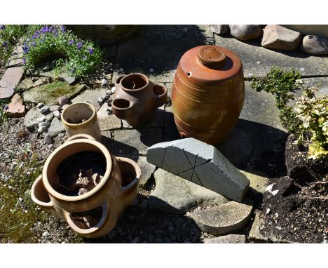 TWO RHUBARB FORCERS, a ceramic barrel, a stoneware jar and a decorative granite plaque (5)( this lot is not sold on site, vie