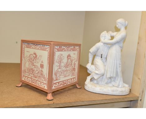 A PILKINGTONS TILE PLANTER, together with an alabaster sculpture of 'Paul and Virginie', height 38cm (Virginie is missing rig