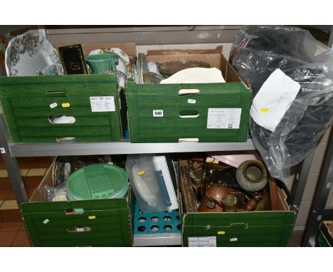 FOUR BOXES AND LOOSE CERAMICS, GLASS, METALWARES AND SUNDRY ITEMS, to include a seventeen piece Newhall  1930s tea set printe