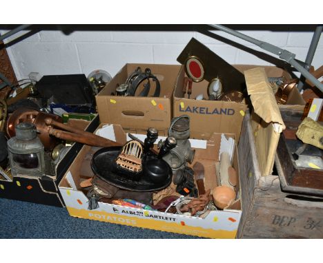 SIX BOXES OF METALWARE AND TREEN, to include three wooden easels, a collection of water colour paints, a wooden box of metal 