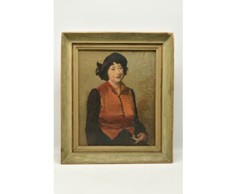 ATTRIBUTED TO PETER MIDGLEY (1921-1991) 'THE ORANGE BLOUSE', a seated portrait of a female figure wearing an orange blouse an