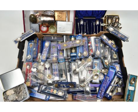 A BOX OF ASSORTED COLLECTABLE TEASPOONS AND OTHER ITEMS, large quantity of collectable EPNS teaspoons most in packaging, a ca