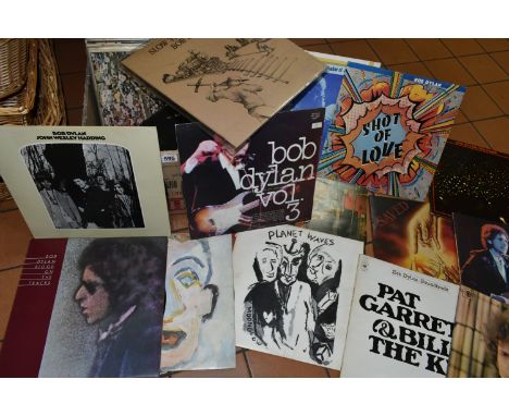 A BOX CONTAINING APPROX FIFTY LPs, A SINGLE AND A TAPE BOXSET including 32 by Bob Dylan items of note are Blonde on Blonde, H