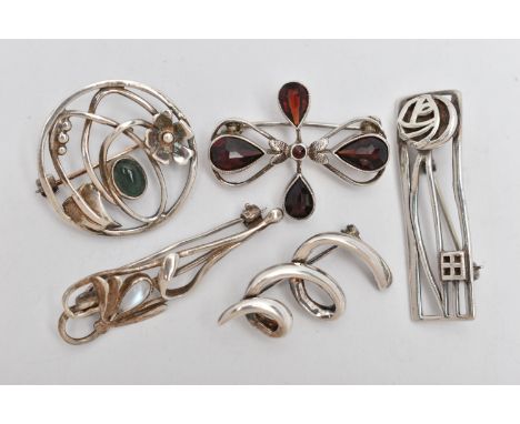 FIVE BROOCHES, to include a silver fly brooch set with a moonstone cabochon, hallmarked Edinburgh, a silver openwork floral b