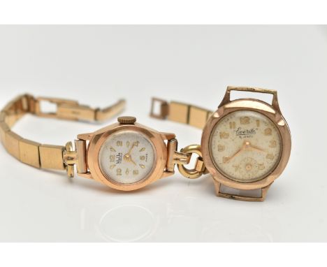 A LADYS 'MUDU' WRISTWATCH AND AN 'EVERITE' WATCH HEAD, manual wind 'Mudu' wristwatch, in a polished yellow metal case stamped