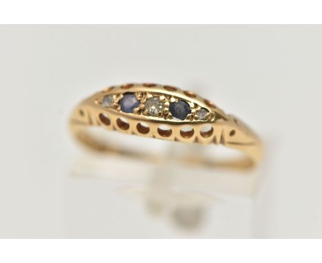 AN EARLY 20TH CENTURY 18CT GOLD BOAT RING, set with three small diamonds interspaced with two circular cut sapphires, hallmar