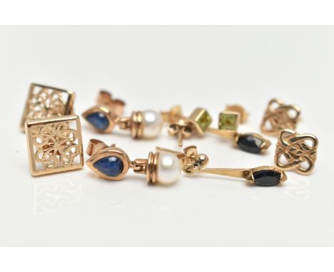 AN ASSORTMENT OF 9CT GOLD AND YELLOW METAL EARRINGS, the first a pair of cultured pearl and sapphire drop earrings, fitted wi