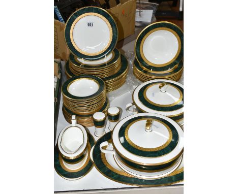 A NORITAKE FITZGERALD 4712 PATTERN DINNER SET, ivory coloured ground with a gold gilt and dark green marbled border, comprisi