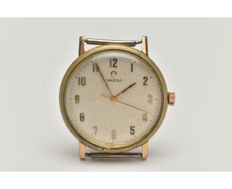 AN 'OMEGA' WATCH HEAD, manual wind requires attention, round champagne dial signed 'Omega', Arabic numerals, gold tone hands,