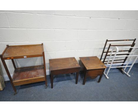 A GEORGIAN MAHOGANY COMMODE, a mahogany bidet, an oak trolley and three towel rails (condition:- general wear and tear, stain