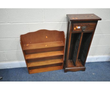 AN OLD CHARM OAK CD RACK, with a single drawer, along with a hanging shelf rack (condition:-water stain to cd rack) (2)