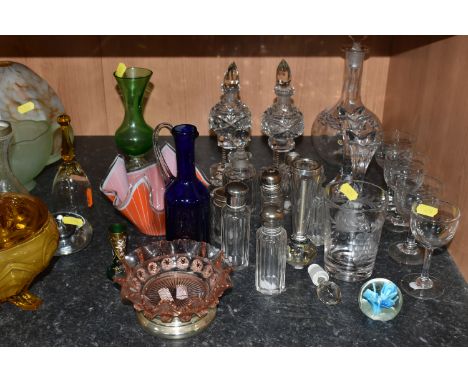 A QUANTITY OF COLOURED GLASS, comprising a 1920's  amber pressed glass rose bowl, a six piece rose coloured pressed glass dre