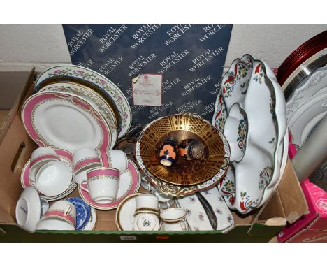 TWO BOXES OF CERAMICS AND GLASSWARE, to include a John Davidson porcelain bowl, a boxed Royal Worcester 'The Twelve Days Of C