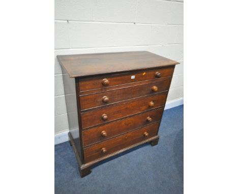 A GEORGIAN AND LATER OAK CHEST OF FIVE LONG GRADUATED DRAWERS, with turned handles on bracket feet, width 99cm x depth 53cm x