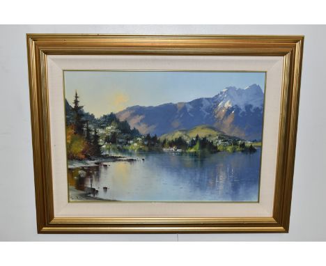NEIL J. BARTLETT (NEW ZEALAND CONTEMPORARY) 'MORNING LIGHT QUEENSLAND', a coastal landscape with passenger boat departing a b