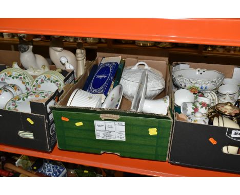 FIVE BOXES OF CERAMICS, to include a Wedgwood 'Starflower' pattern coffee set, a VA dinner set made in Portugal, a Moorside D