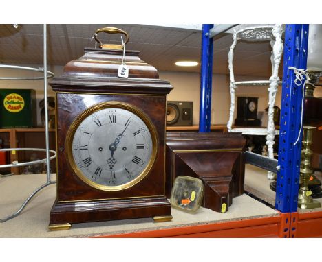 A GEORGE III MAHOGANY AND BRASS MOUNTED BRACKET CLOCK AND BRACKET, the caddy top surmounted by a carrying handle, 7.5 inch (1