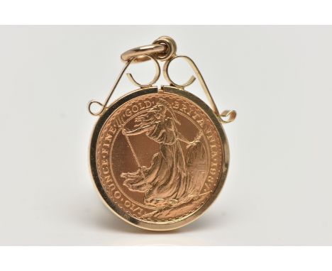 A MOUNTED 1/10 OUNCE FINE GOLD BRITANNIA 10 POUNDS COIN, coin dated 1987, in a 9ct gold scrolling pendant mount with jump rin