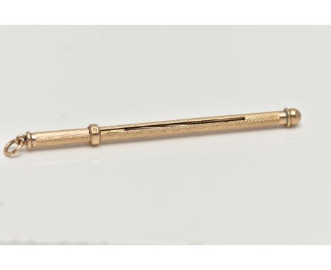 A 9CT GOLD COCKTAIL STIRRER, engine turned pattern, sliding mechanism, hallmarked 9ct Birmingham, fitted with a jump ring, cl