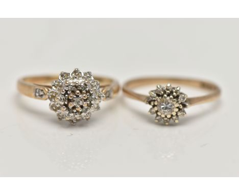 TWO 9CT GOLD DIAMOND CLUSTER RINGS, the first a tiered diamond cluster set with single cut diamonds, to a polished band, hall