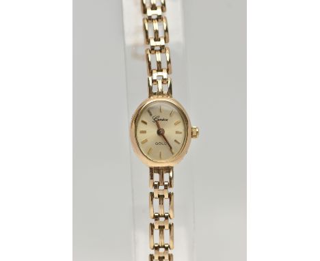 A LADYS 9CT GOLD 'GENEVE' WRISTWATCH, quartz movement, oval gold dial signed 'Geneve Gold', baton markers, gold hands, in a p