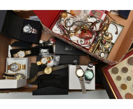 A BOX OF ASSORTED COSTUME JEWELLERY AND WRISTWATCHES, to include copper bangles, a Police whistle, pin badges, non-pierced co