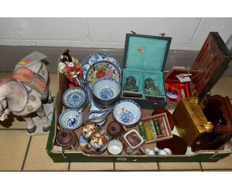 A BOX AND LOOSE ORIENTAL ITEMS, to include a ceramic figure of a horse, height 32cm (sd), a ten piece part coffee set, a case