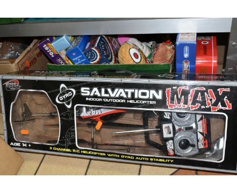 TWO BOXES AND LOOSE TOYS AND GAMES, to include a boxed Bladez Toyz Plc Salvation Max radio controlled helicopter, two wooden 