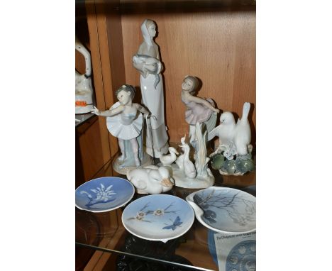 A GROUP OF CERAMICS, comprising two Nao figures of ballerinas, a Nao figure group of three ducks, Royal Copenhagen figure gro