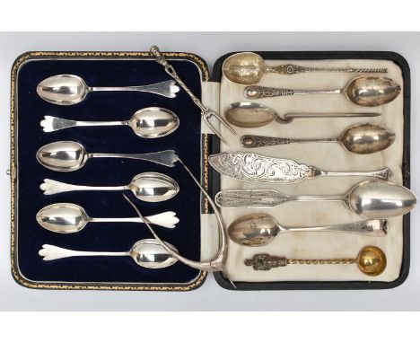 A CASED SET OF SIX GEORGE V SILVER TREFID END COFFEE SPOONS AND OTHER LOOSE 19TH AND 20TH CENTURY SILVER AND WHITE METAL CUTL