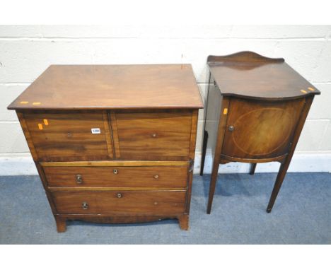 A GEORGIAN WALNUT TWO DOOR CABINET OVER TWO DOORS, on bracket feet, width 70cm x depth 40cm x height 73cm, along with a mahog