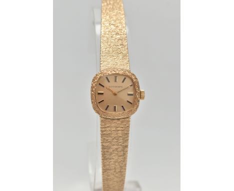 A LADYS 9CT GOLD 'LONGINES' WRISTWATCH, manual wind, rounded square gold dial signed 'Longines', black baton markers, texture
