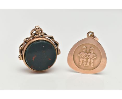 TWO 9CT GOLD PENDANTS, the first a swivel fob pendant set with carnelian and bloodstone inlays, collet setting hallmarked 9ct