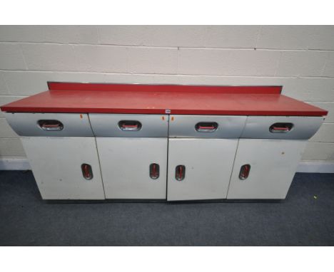 A 1950'S ENGLISH ROSE ENAMEL KITCHEN WORKTOP CABINET, with a red Formica work surface, four frieze drawers over four cupboard