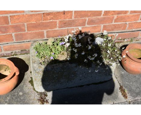 A SMALL RECTANGULAR COMPOSITE TROUGH with soil and planting width 63cm depth 30cm hieght 25cm( this lot is not sold on site, 