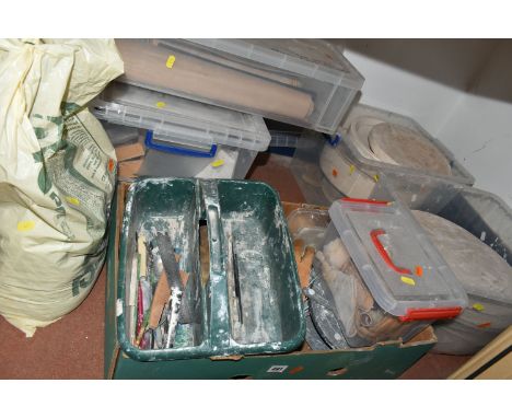 EIGHT BOXES AND LOOSE POTTERY TOOLS AND EQUIPMENT, to include clay, moulds, turntable, scales, cutting and modelling tools, s