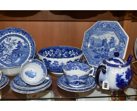 A GROUP OF SPODE BLUE AND WHITE TEAWARE, comprising a Carlton Ware flow blue teapot (glued base), two Spode octagonal cabinet