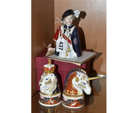THREE LIMITED EDITION CERAMIC CANDLE SNUFFERS, comprising a pair of Royal Worcester Lion &amp; Unicorn candle snuffers, with 