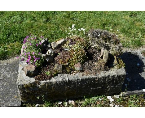 A VINTAGE SANDSTONE TROUGH with soil and planting width 86cm depth 50cm height 29cm wall thickness 8cm ( this lot is not sold