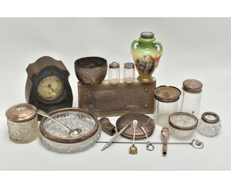 A PARCEL OF SILVER MOUNTED TOILET JARS, CONDIMENT SPOONS, HATPIN, ETC, including a George V silver mounted oak cased boudoir 