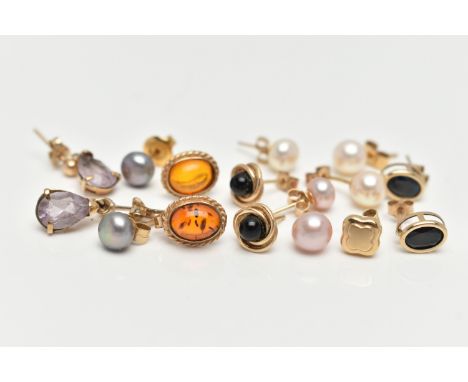AN ASSORTMENT OF 9CT GOLD AND YELLOW METAL EARRINGS, the first a pair of yellow gold and onyx stud earrings, fitted with post