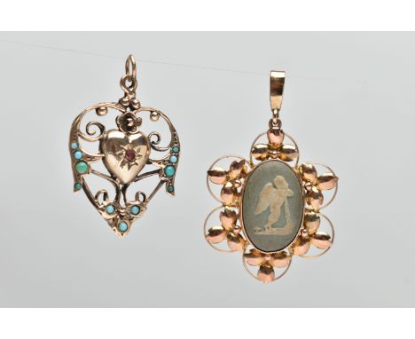 TWO 9CT GOLD PENDANTS, the first a wedgwood cameo pendant, depicting a cherub, collet set within a floral surround, fitted wi