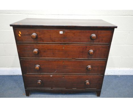 A GEORGIAN MAHOGANY CHEST OF DRAWERS, with four graduating drawers, each with turned handles on bracket feet, width 110cm x d