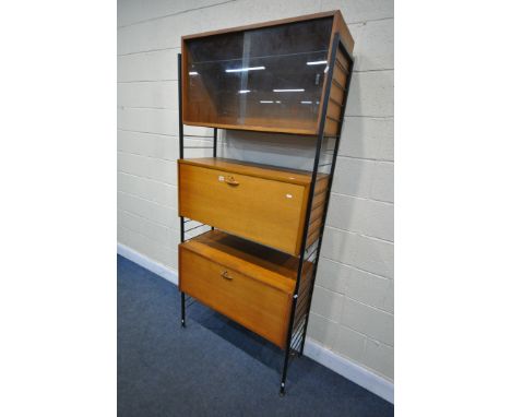 A MID CENTURY LADDERAX MODULAR ROOM DIVIDING SHELVING SYSTEM, comprising two metal laddered uprights, two fall front record c