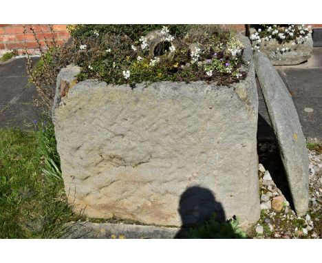 A VERY LARGE AND VERY HEAVY VINTAGE SANDSTONE TROUGH width 86cm depth 85cm height 74cm wall thickness 9cm Condition some loss