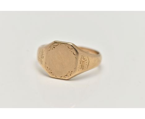 A 9CT GOLD GENTS SIGNET RING, yellow gold square with cut off corners signet ring, etched with foliage detail, hallmarked 9ct