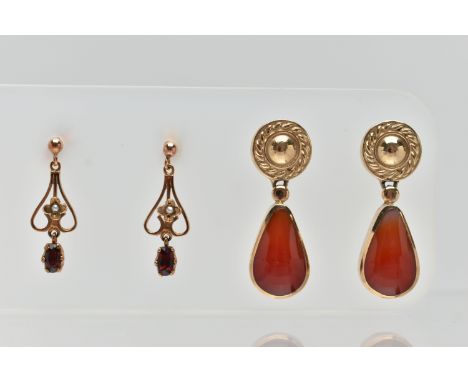 TWO PAIRS OF 9CT GOLD EARRINGS, the first a pair of yellow gold drop earrings collet set with pear cut cabochon carnelian, fi