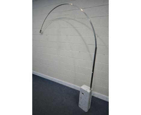 A 1970'S ACHILLE AND PIER GIACOMO CASTIGLIONI 'ARCO' ITALIAN LIGHT, the curved stainless steel stem on a Carrara marble base,