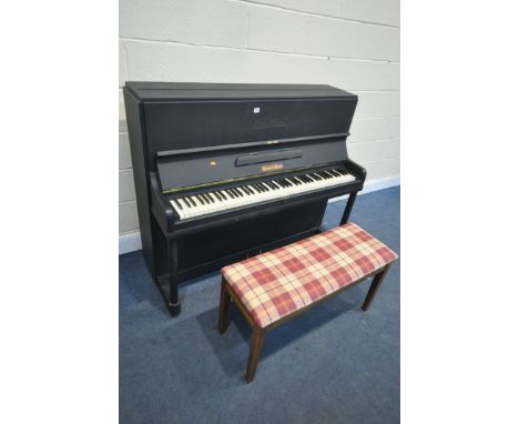 A EBONISED PAINTED CRANE AND SONS UPRIGHT PIANO width 134cm x depth 54cm x height 115cm  and a storage duet piano stool conta